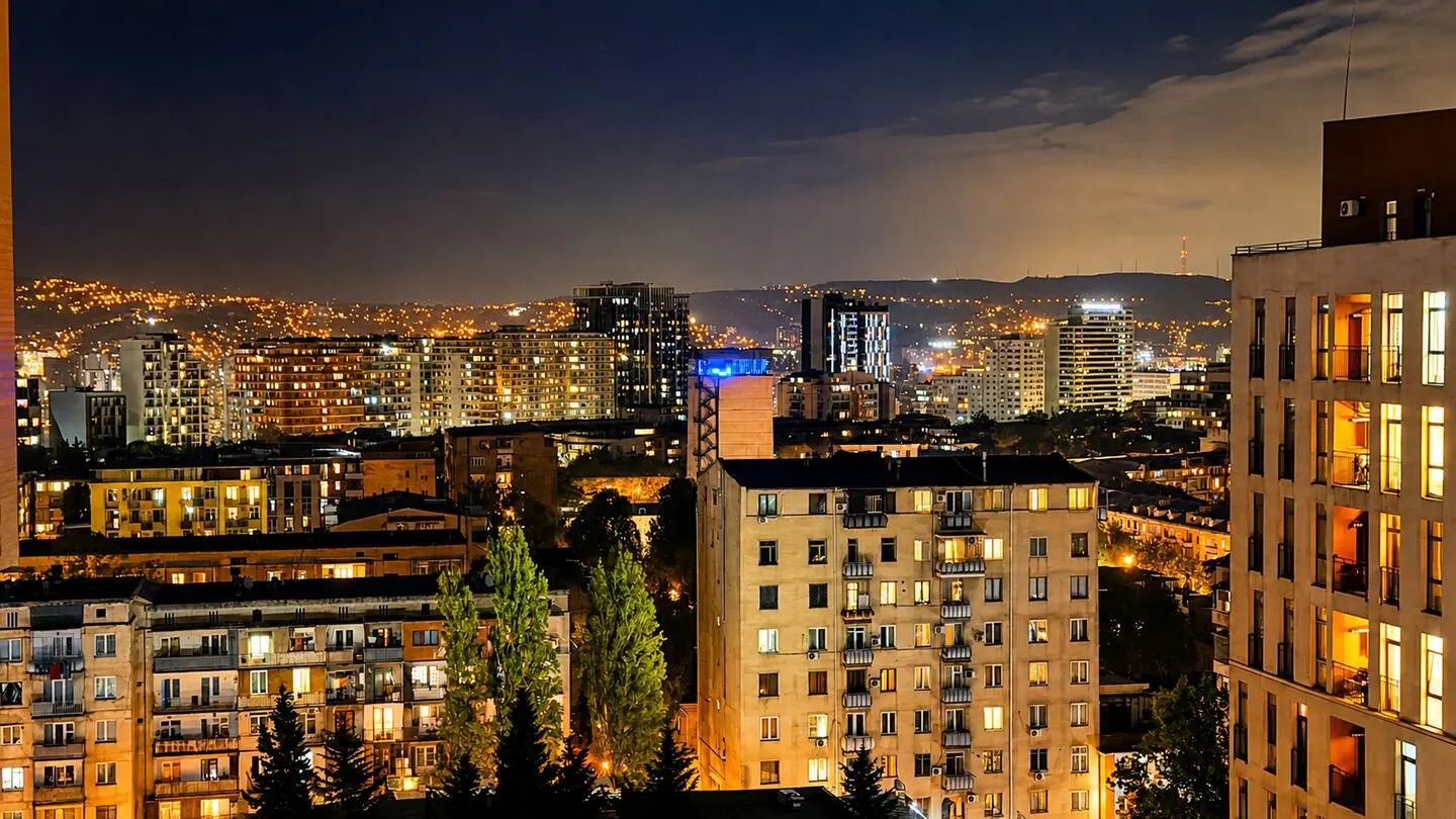 Tbilisi at night seen from the 12th floor of At Home Residence